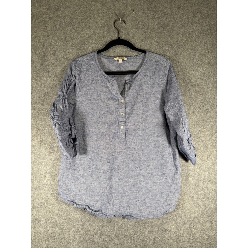 Hester & Orchard Womens Blue Linen Cotton Blend Roll Tab Henley Top Small - Picture 2 of 8